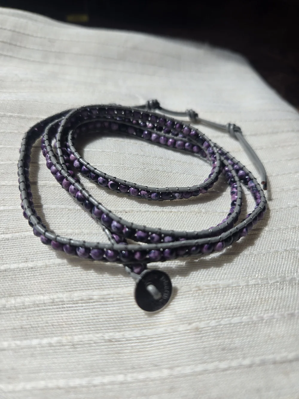 Purple Bead Wrap Bracelet on Grey Cord — Compact Layering Bracelet